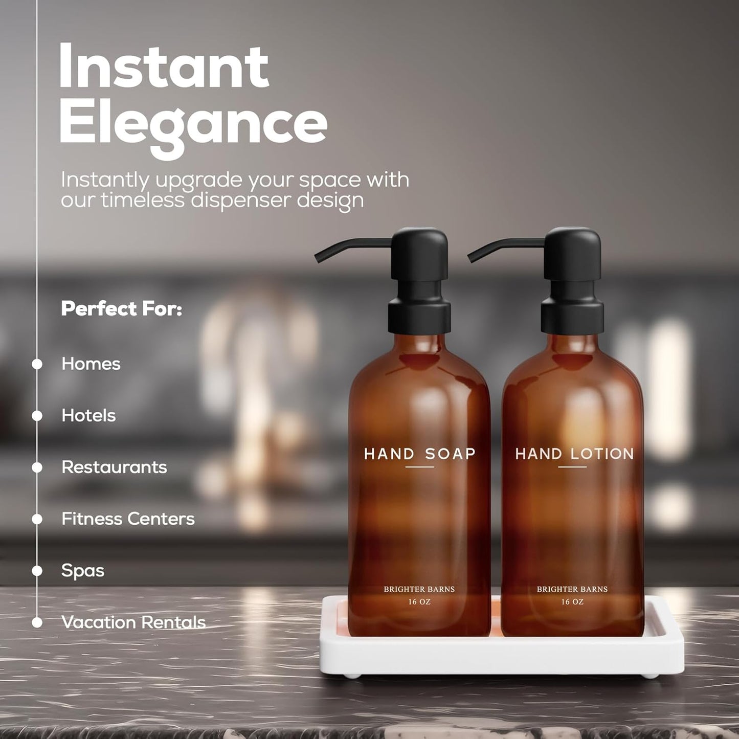 Amber Glass Soap and Lotion Dispenser Set with Tray by Brighter Barns - Hand Soap Dispenser Bathroom Set & Stainless Steel Pump for Home, Restaurant, Spa - Neutral Bathroom Decor & Accessories (Amber)