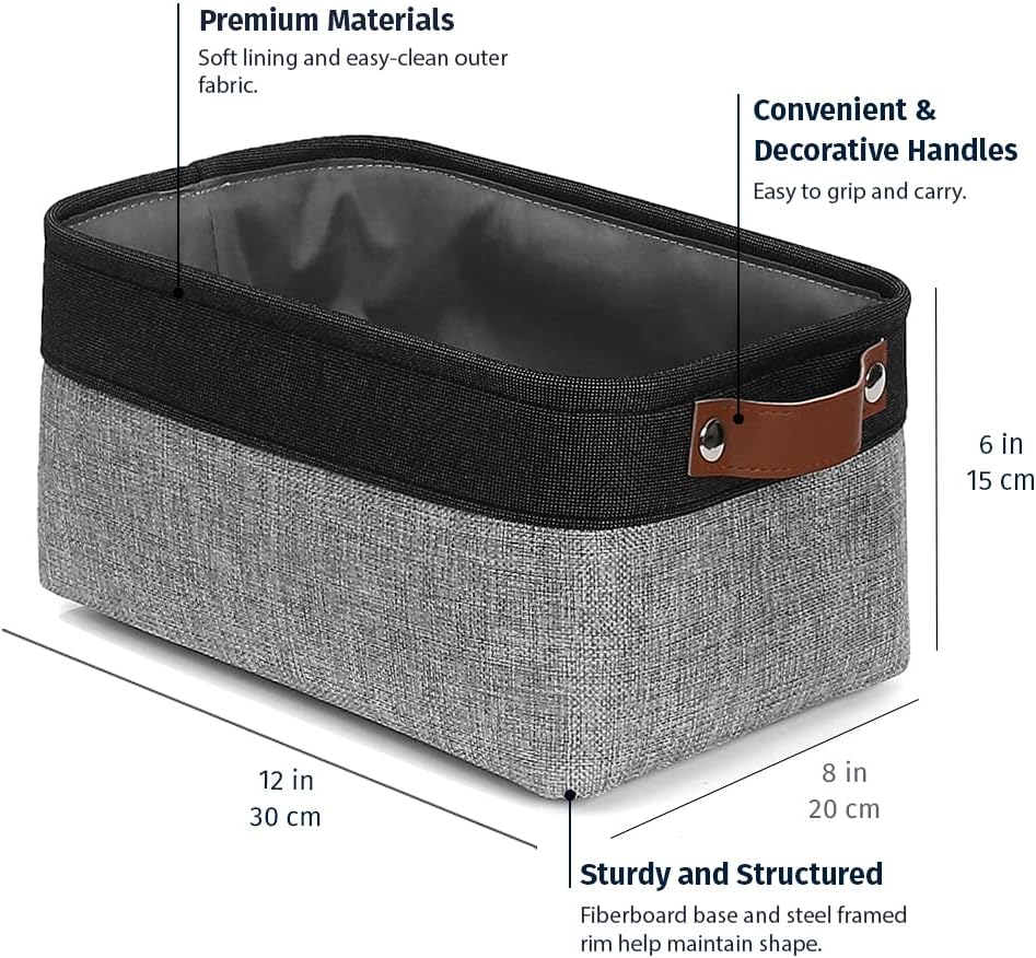 OrganiHaus Small Fabric Storage Baskets for Shelves 3 Pack, 12x8in Closet Storage Bins for Shelves, Cloth Baskets for Organizing, Linen Closet Organizers, Fabric Basket, Gray/Black