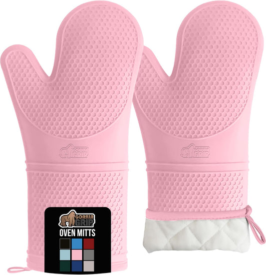 GORILLA GRIP BPA-Free Soft Silicone Oven Mitts, 14.5x8.3, Heat Resistant and Waterproof Cooking Gloves, Thick Cotton Lining, Flexible Gripping for Baking Grilling, Kitchen Potholders Set of 2, Pink