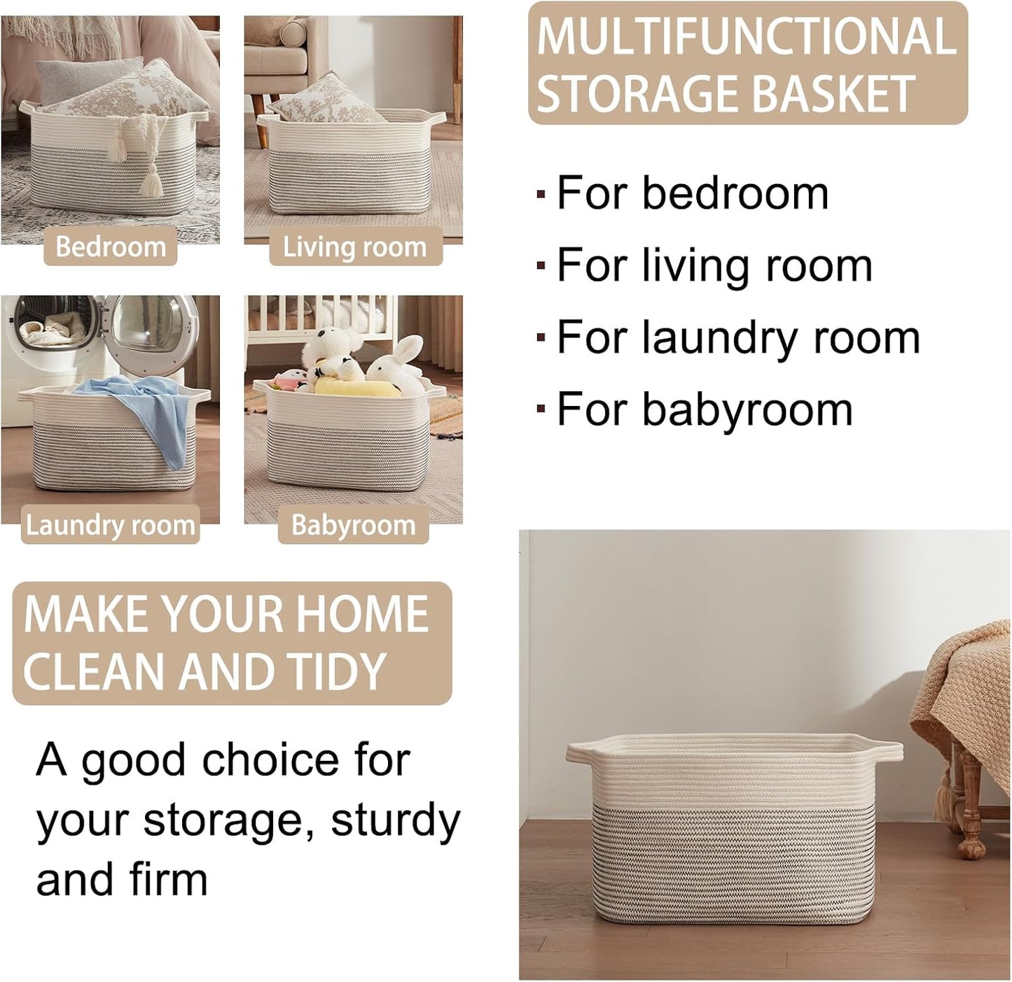 OIAHOMY 65L Blanket Basket, Cotton Rope Woven Blanket storage for Living Room, Rectangle Woven Baskets for Storage, 20''×16''×12'', Black and White