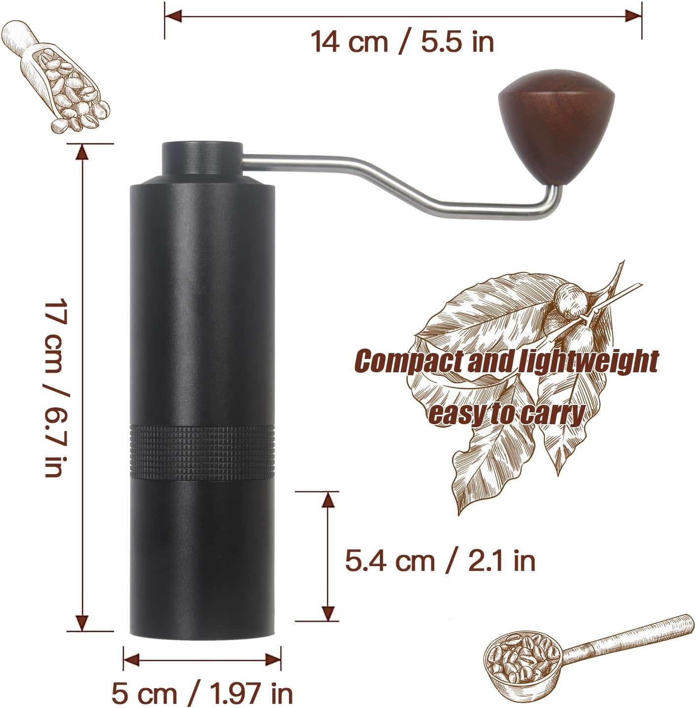 Manual Coffee Grinder - Precision CNC Stainless Steel Burr Grinder with Adjustable Settings, Black, Double Bearings for Smooth Grinding - Ideal for Home, Office, and Camping Espresso Enthusiasts BLACK