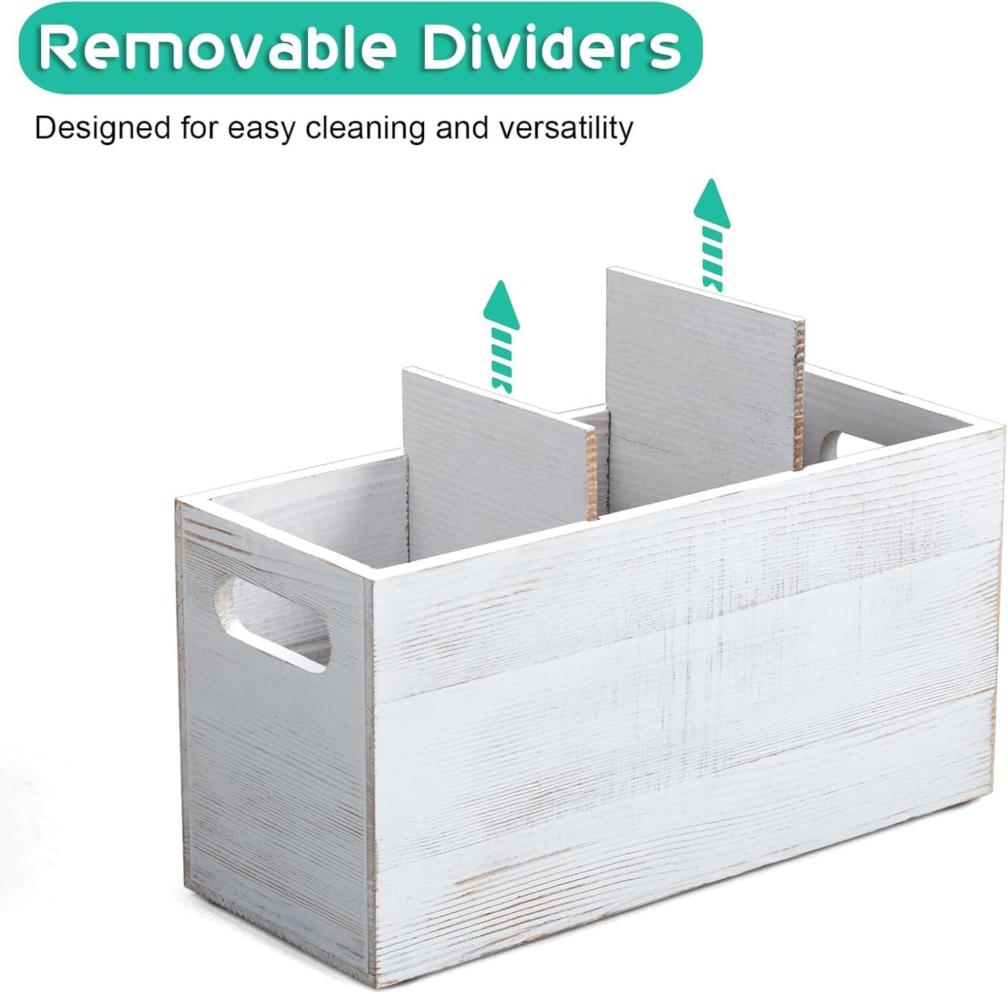 ALELION Rustic White Utensil Holder with Removable Divider - 3 Compartment Wooden Utensil Caddy Organizer for Kitchen Counter - Cooking Utensil Crock for Countertop