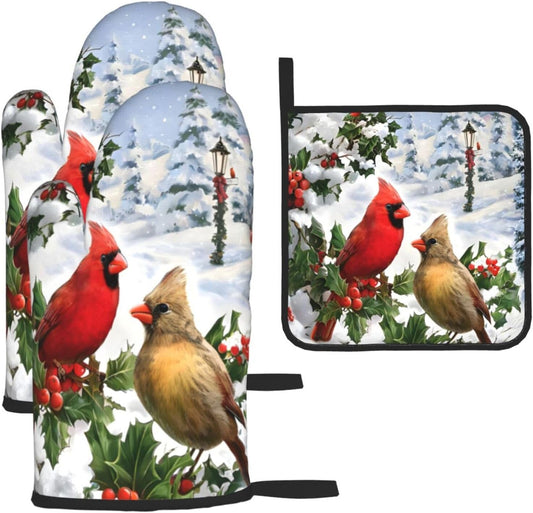 Winter Cardinal Christmas Oven Mitts and Pot Holders Sets of 3,Heat Resistant Hot Pads Oven Gloves for Cooking Grilling Baking, Christmas Kitchen Decor, for Women