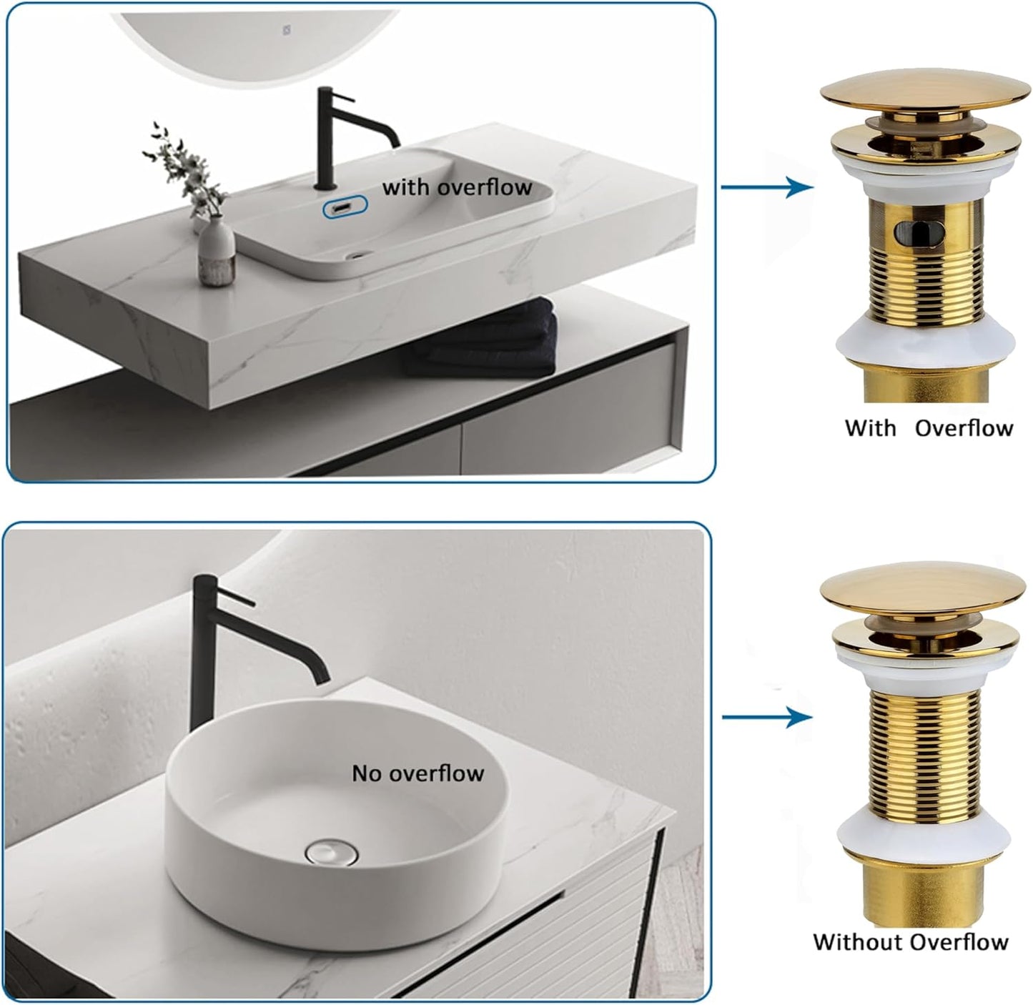 Bathroom Sink Drain, Gold Drain Stopper Bathroom Sink Without Overflow,Pop Up Drain Assembly with Detachable Strainer Basket,Built-in Anti-Clogging Strainer,Stainless Steel