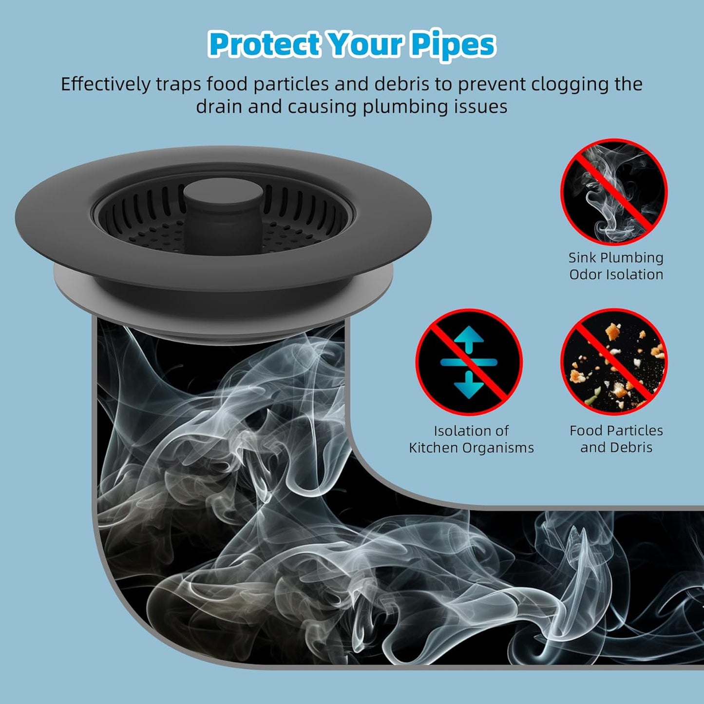 Hibbent All Metal Stainless Steel 3 in 1 Kitchen Sink Drain Strainer, Upgraded Sink Stop Combo, 3 Anti-Clogging Stainless Steel Baskets Strainer with Metal Handle for US Standard 3-1/2" Drain, Black