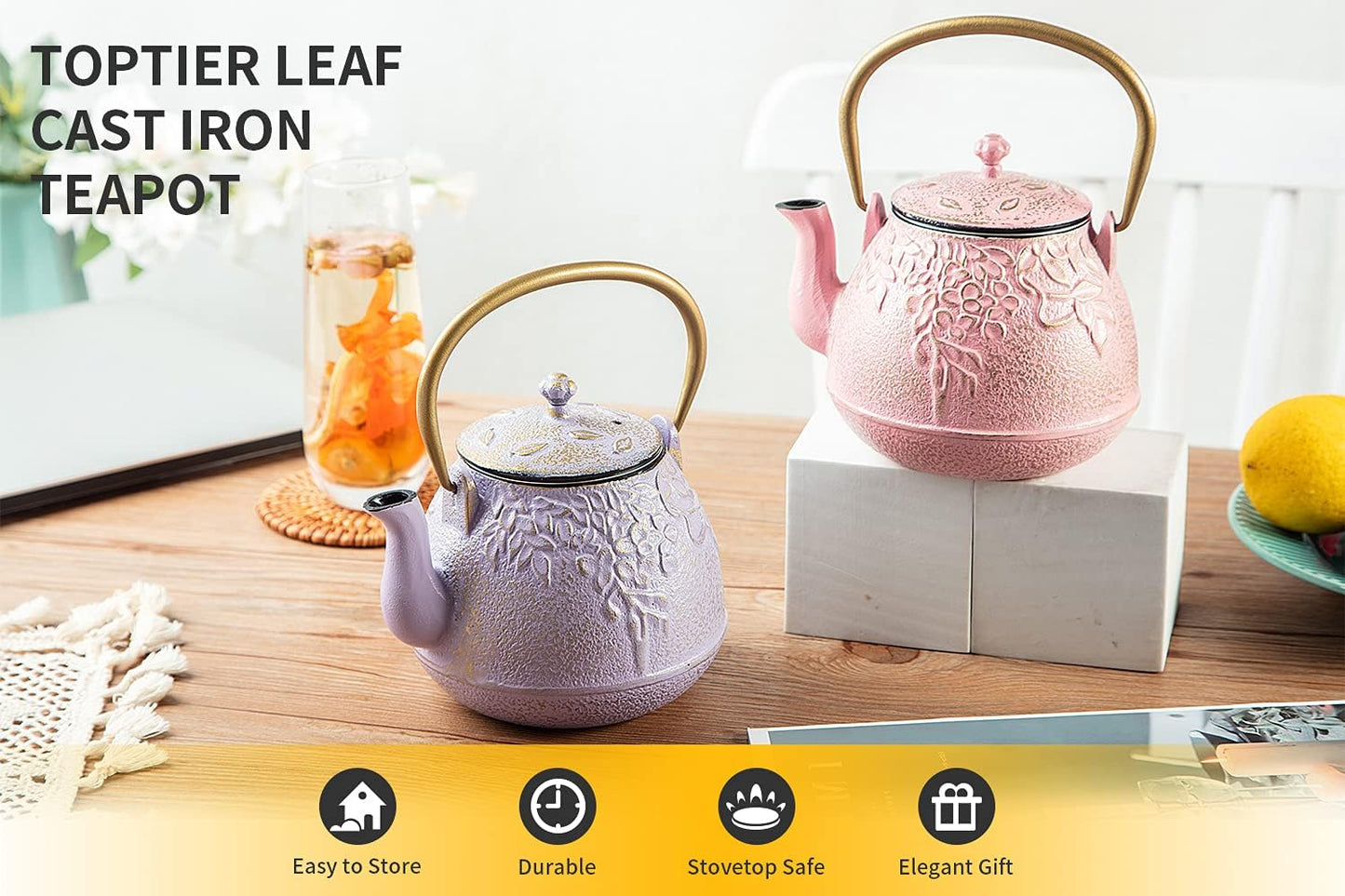 TOPTIER Japanese Cast Iron Teapot with Infuser, Stovetop Safe, Leaf Design Tea Kettle, Enameled Interior, 32 Ounce (950 ml), Blush Pink