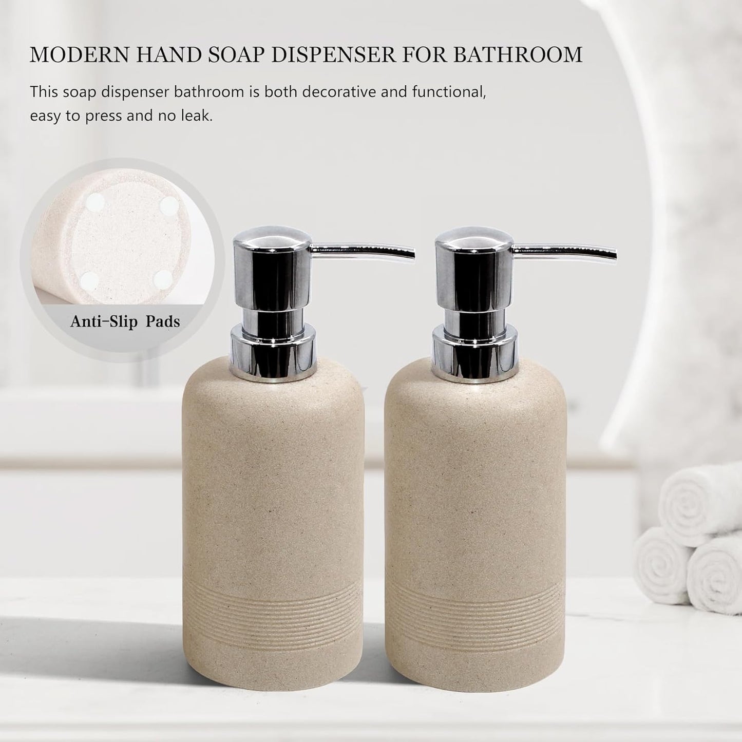 Resin Soap Dispenser Sets, 2 Pcs Heavy Lotion Dispensers,10.8oz Refillable Liquid Soap Dispensers with Rust-Proof Pump for Bathroom Countertop or Kitchen, Stone Beige