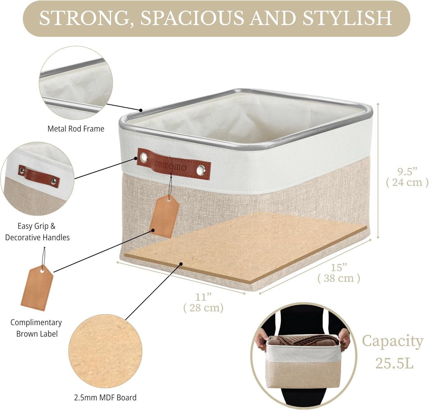 DECOMOMO Storage Baskets for Shelves - Fabric Storage Bins, Linen Closet Organizers and Storage (Beige & White, Large - 1 Pack)