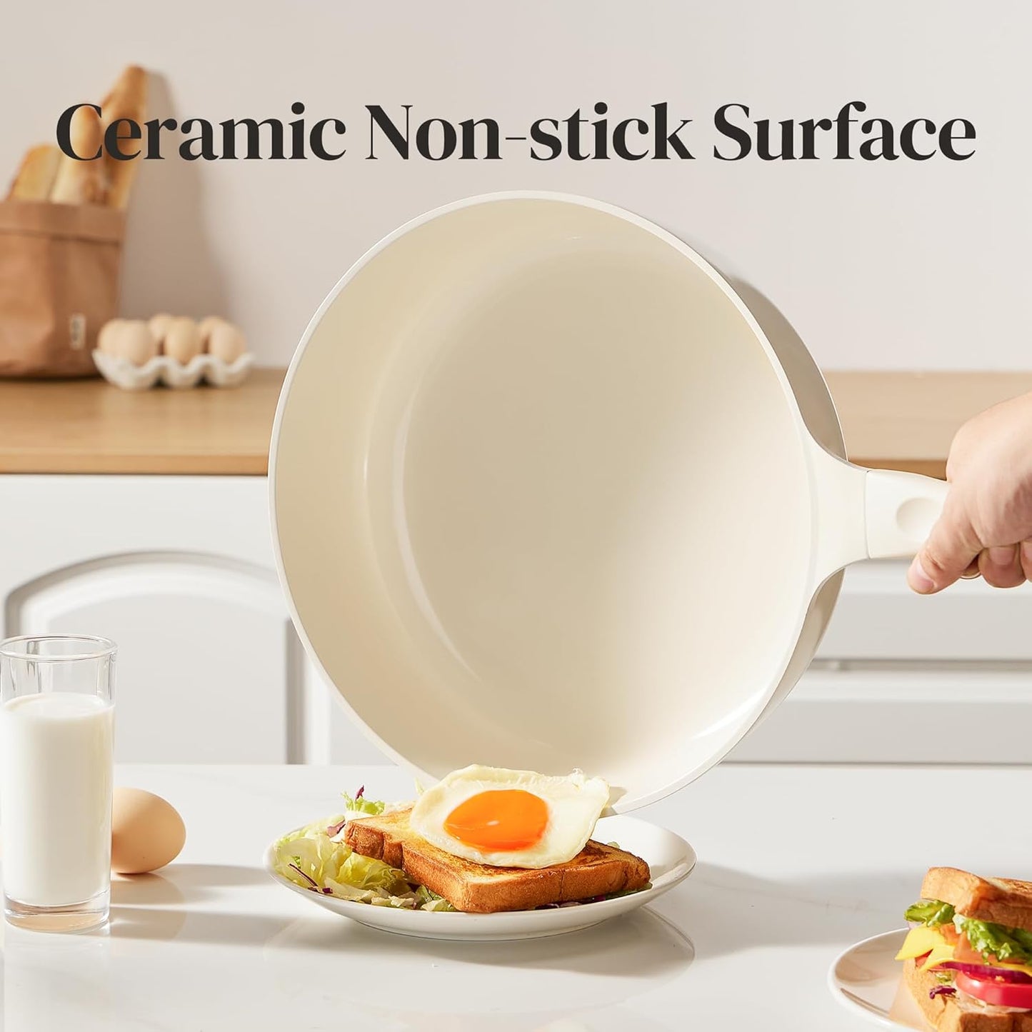 Redchef Nonstick Deep Frying Pan with Lid, Ceramic Saute Pan Skillet, PFOA PFOS Free, Induction Compatible, Stay-Cool Helper Handle, Tempered Glass Cover, Dishwasher Safe, Beige (3.7Qt, 10")