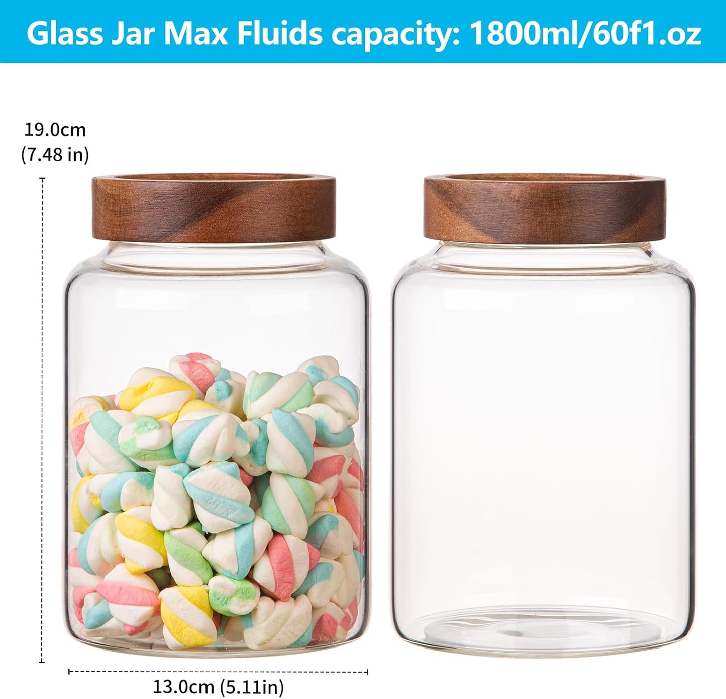 Large Glass Coffee Jars 60 oz /1800ml, Round Storage Canister with Wooden Lid Clear Glass Food Jar for Pantry Sugar Tea Coffee Bean Spice Nuts Cookies Bath Salts (1800ml/60oz-2PACK)