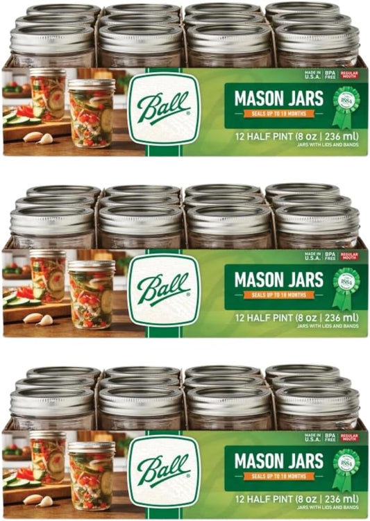 Ball Regular Mouth Glass Mason Jars with Lids and Bands, Used for Canning (Half Pint, 8 Ounce (Pack of 36))