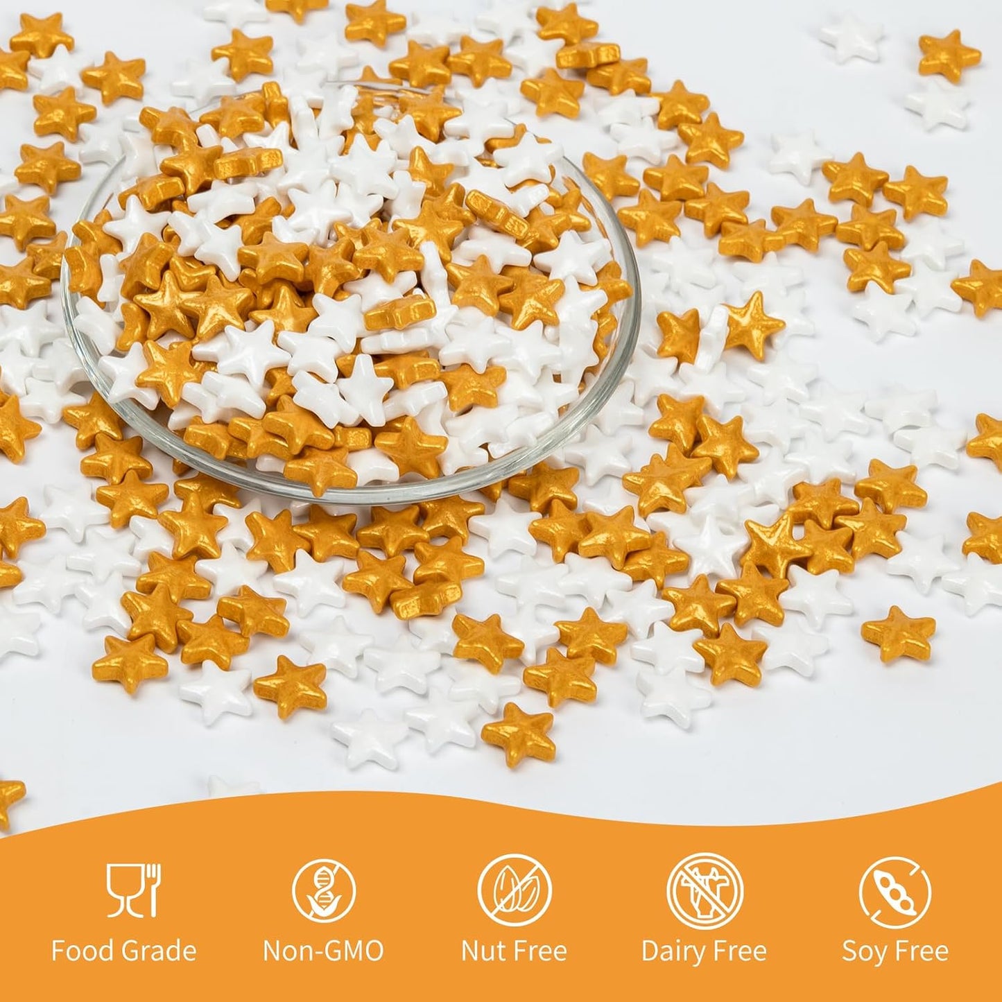 Edible Star Sugar Sprinkles, Gold and White Mix Size,Candy Star Sprinkle for Cake Decorations and Cupcake Toppers, Ice Cream, Wedding Party Valentines Christmas Supplies 130g/4.58ounce