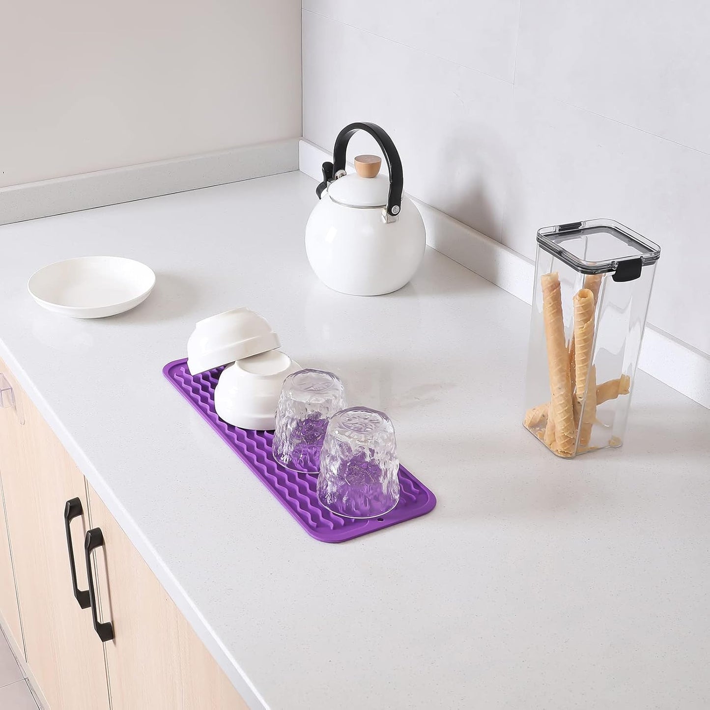 Silicone Dish Drying Mat for Multiple Usage,Easy clean,Eco-friendly,Heat-resistant Silicone Mat for Kitchen Counter,Sink,Bar,Bottle,or Cup Purple M 17 inches x 6 inches