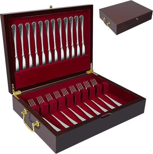 Silverware Storage Box Solid Wood with Lid, Silverware Organizer with Handle and Felt Lined, Silverware Storage Chest for Flatware and Utensils Home Decor Gift, Chest for Flatware Setting Up 15
