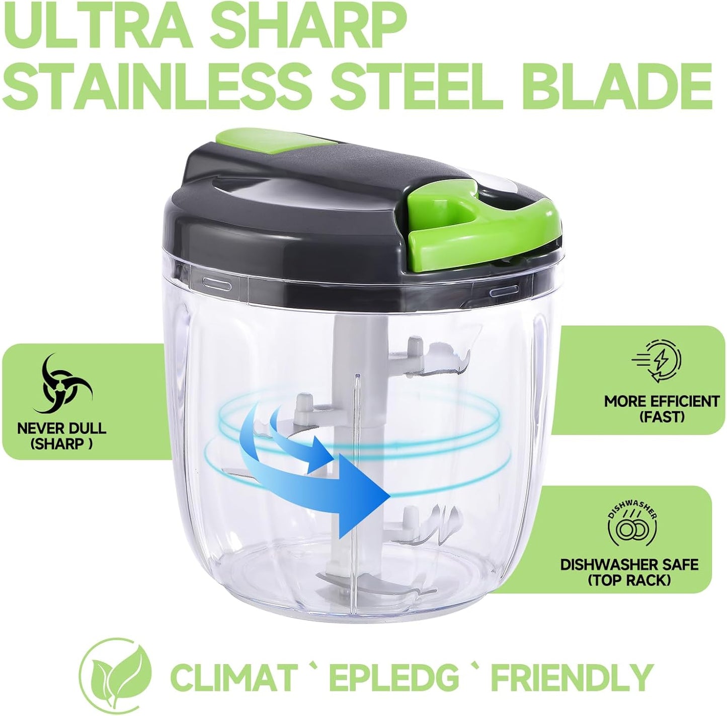 Manual Food Processor Vegetable Chopper, Portable Hand Pull String Garlic Mincer Onion Cutter for Veggies, Ginger, Fruits, Nuts, Herbs, etc., （900ml,Gray-green）