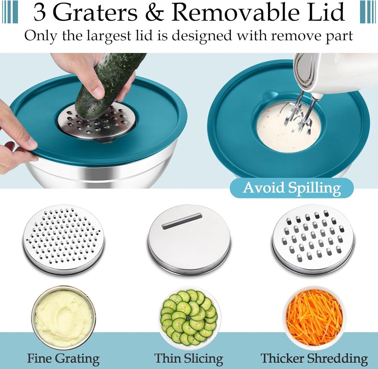 TeamFar Mixing Bowls, Stainless Steel Nesting Salad Bowls with Lids Set of 3 & 3 Grater Attachments, For Mixing/Serving/Storing, Non-toxic & Long-lasting, Size 4.6/3 / 1.5 QT, Navy Blue