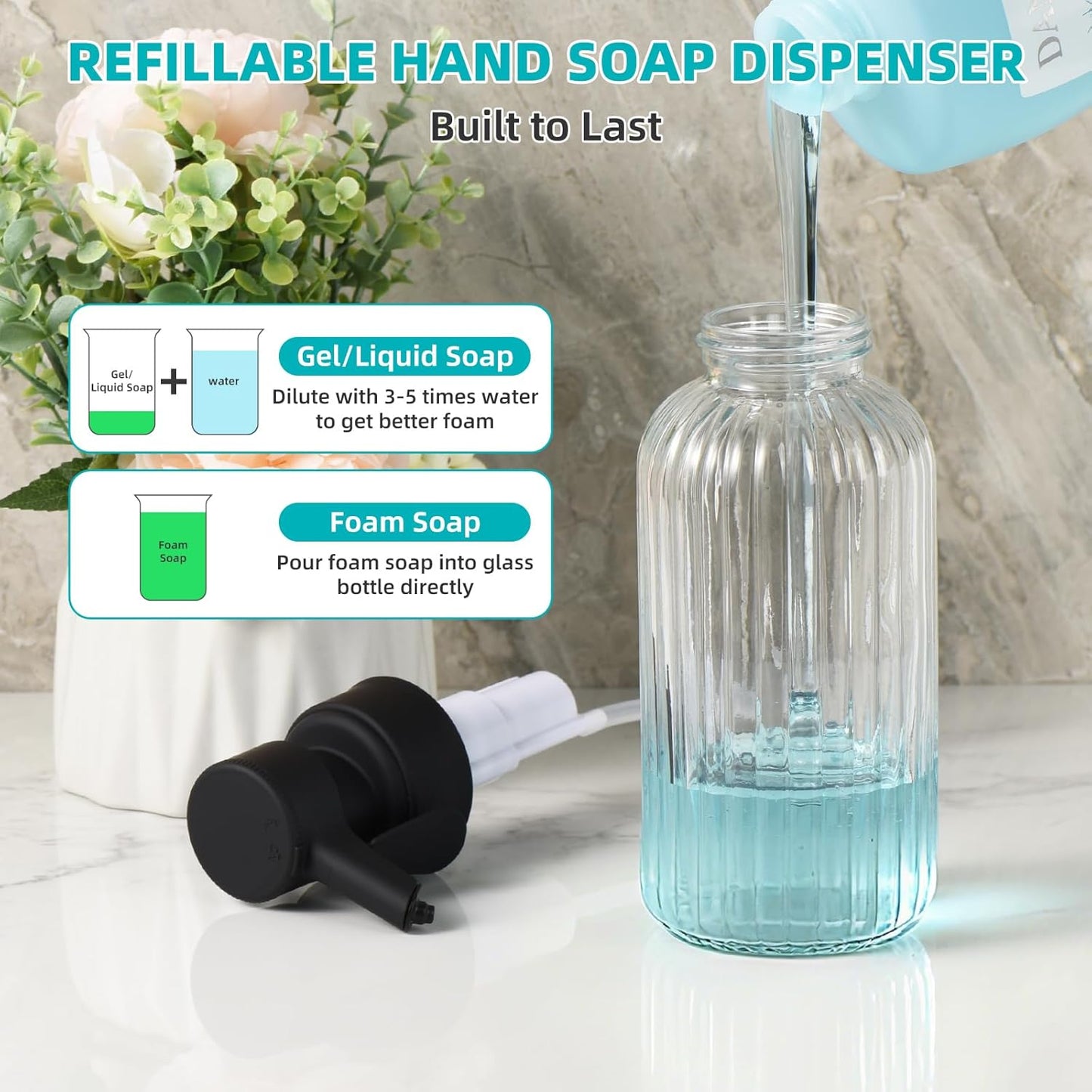 Automatic Foaming Soap Dispenser, 17oz Clear Glass Hand Soap Dispenser with ABS Touch Sensor Pump Battery Operated, Dish/Hand Soap Refillable for Bathroom Kitchen (Black)