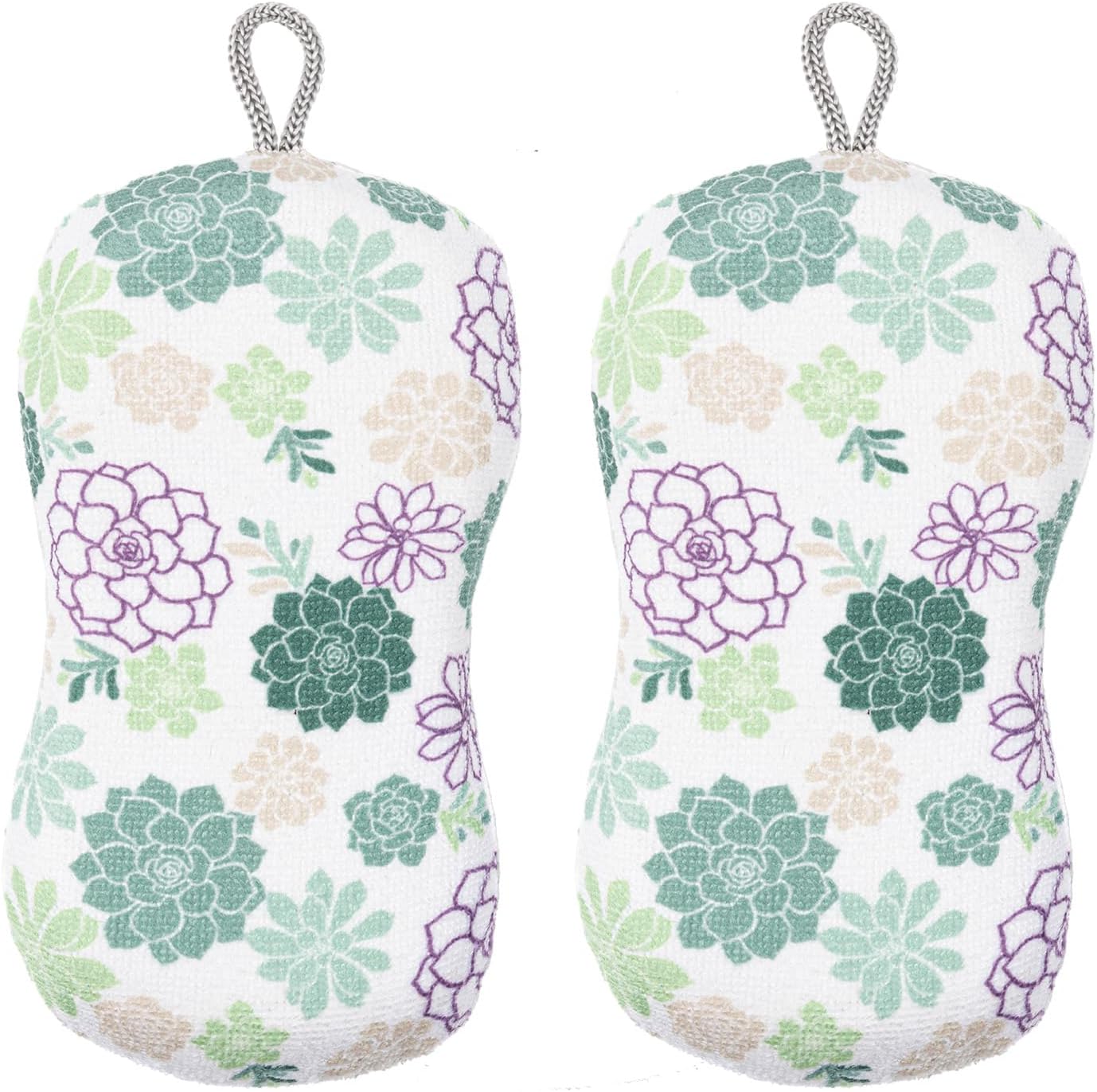 MÜkitchen Premium Microfiber Sponge Set for Dishes and Cleaning, 2 Pack, Printed (Succulents)