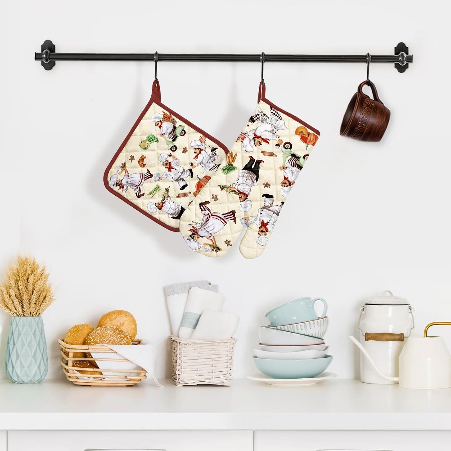 Chef Oven Mitts and Pot Holders Sets 2Pcs, 100% Cotton Heat Resistant, Extra Long Oven Gloves Potholder for Kitchen Cooking Baking Decoration