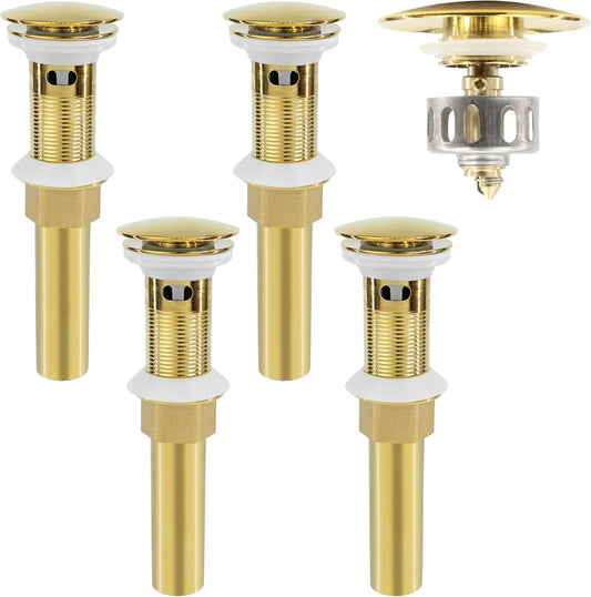 Bathroom Sink Drain, 4 Pack Gold Drain Stopper with Overflow,Pop Up Drain Assembly Without Detachable Strainer Basket,Built-in Anti-Clogging Strainer,Stainless Steel