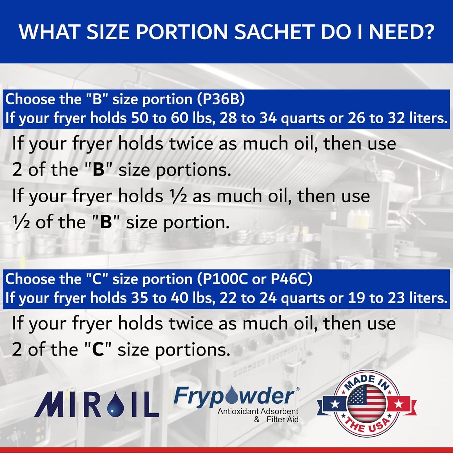 MirOil P36B Fry Powder Oil Stabilizer and Filter Aid, Deep Fryer Cooking Oil Saver Helps Save Grease & Remove Carbon Deposits, 72 x Size B Portion Pack(240ML Each) Fry Powder, Food Center Cooks Hotter