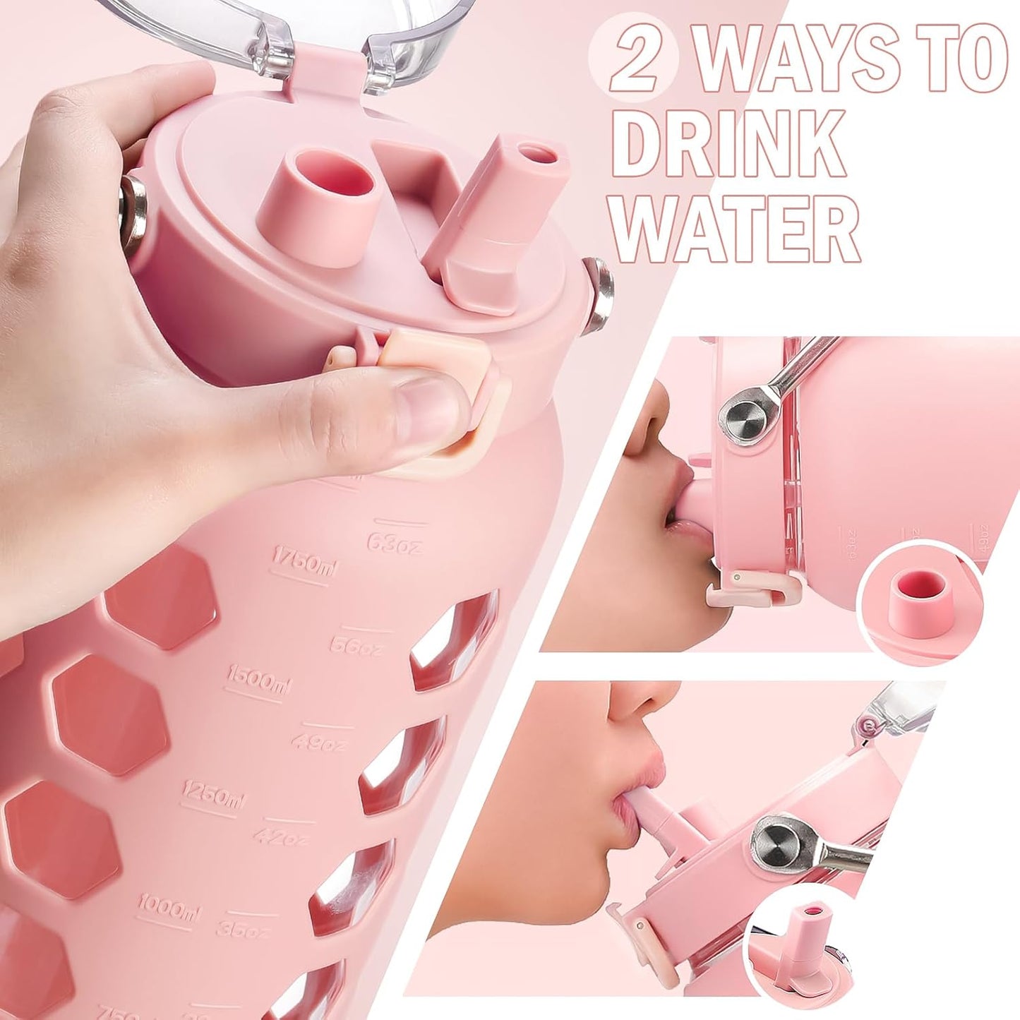 MUKOKO 64oz Glass Water Bottles with Straw and Lid,Half Gallon Water Bottle with Time Marker,Large Glass Water Jug with Silicone Sleeve and Stainless Steel Handle-Pink