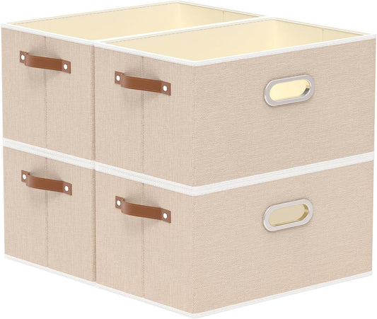 Yawinhe Collapsible Storage Box, Cube Storage Basket, Fabric Foldable Storage Bins Organizer Containers with Dual Leather Handles for Home Bedroom Closet Office,15.0 x 9.8 x 8.3 Inch, (Beige, 4-Pack)