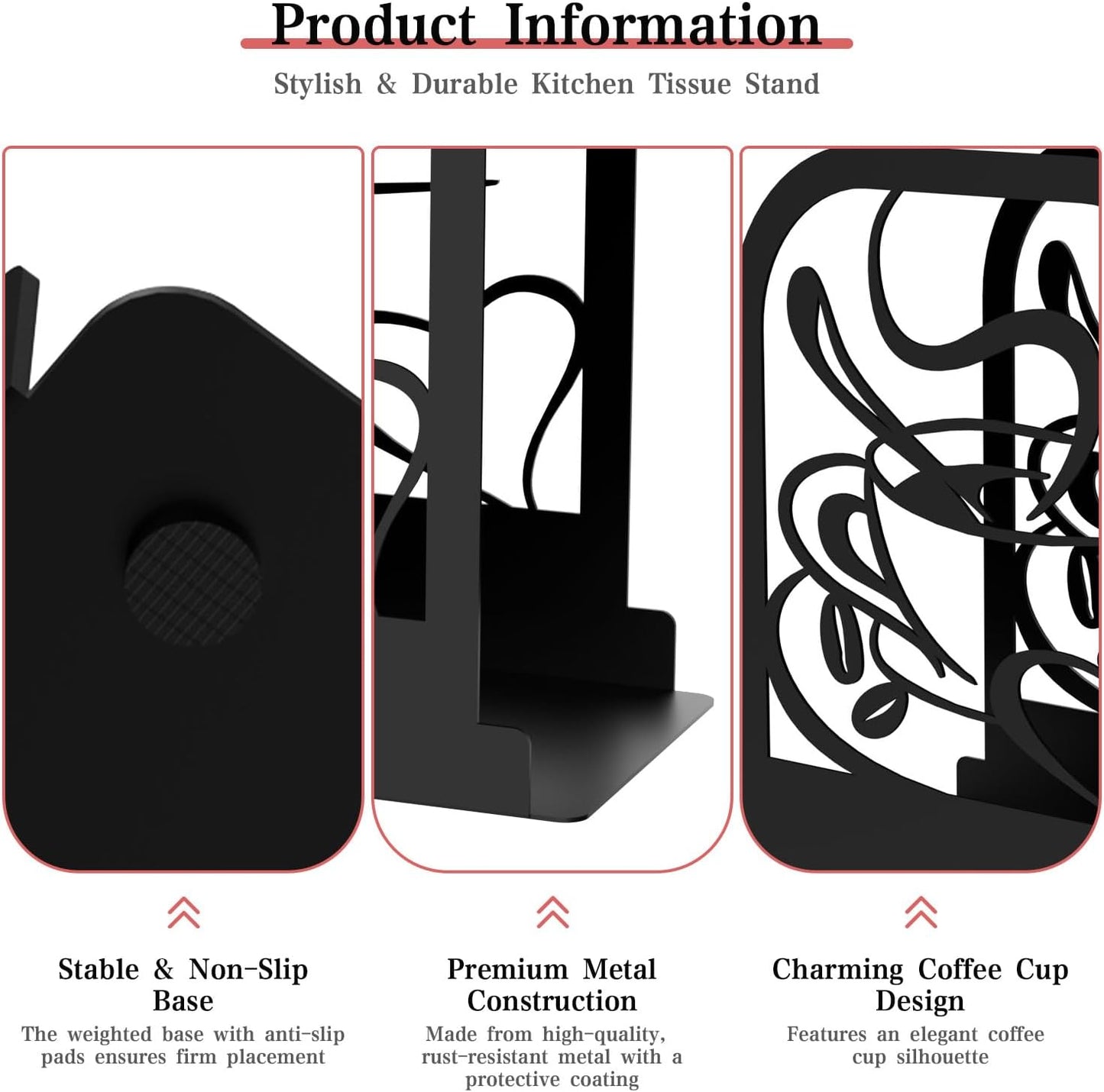 Modern Standing Napkin Holder for table, Black Metal Napkin Dispenser, Coffee time Theme Style Napkin Holder, Suitable for Kitchen, Coffee Shop, Dining Room