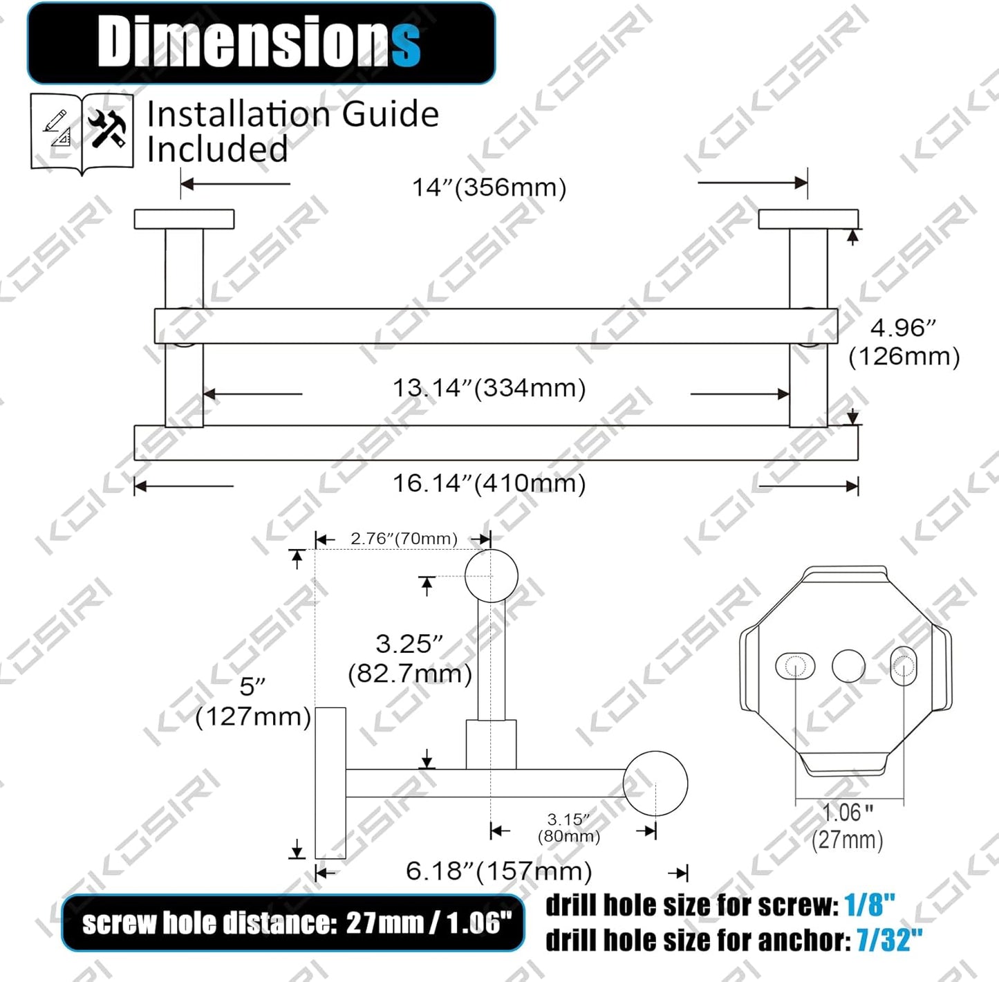 KOKOSIRI Towel Bars Chrome 16-Inch Bathroom Double Towel Holder for Garage Kitchen Toilet Wall Mount Polished Stainless Steel B5009CH-L16