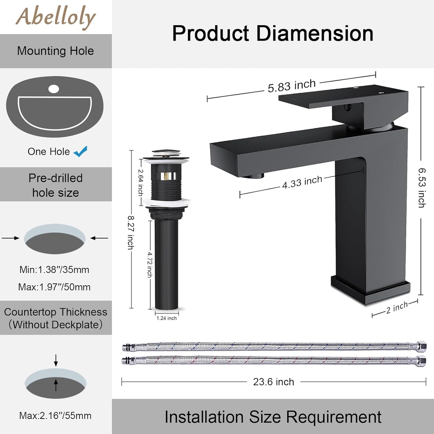 Solid Brass Black Bathroom Faucet, cUPC & CEC Certified 1 Hole Faucet for Bathroom Sink, Lead-Free Single Hole Bathroom Sink Faucet with Water Supply Hoses & Pop Up Drain Stopper