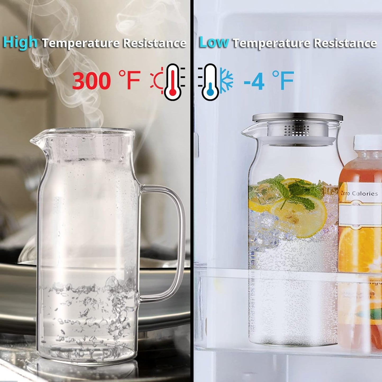 2 Pack 2 Liter 68 oz 2.1 Qt Glass Pitcher with Lid and Spout, Bivvclaz Water Pitcher for Fridge, Glass Carafe for Hot/Cold Water, Large Iced Tea Pitcher for Coffee, Juice and Homemade Beverage