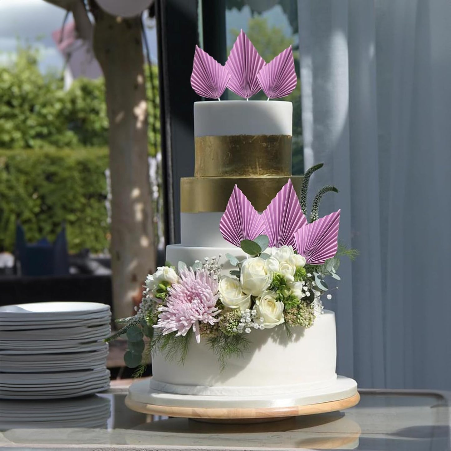 Gyufise 6Pcs Paper Palm Fan Cake Toppers Palm Leaf Fan Cake Topper Palm Spear Leaf Cupcake Toppers Cake Insert Decoration For Cake Decorating Diy Craft Project Home Wedding Party Supplies Purple