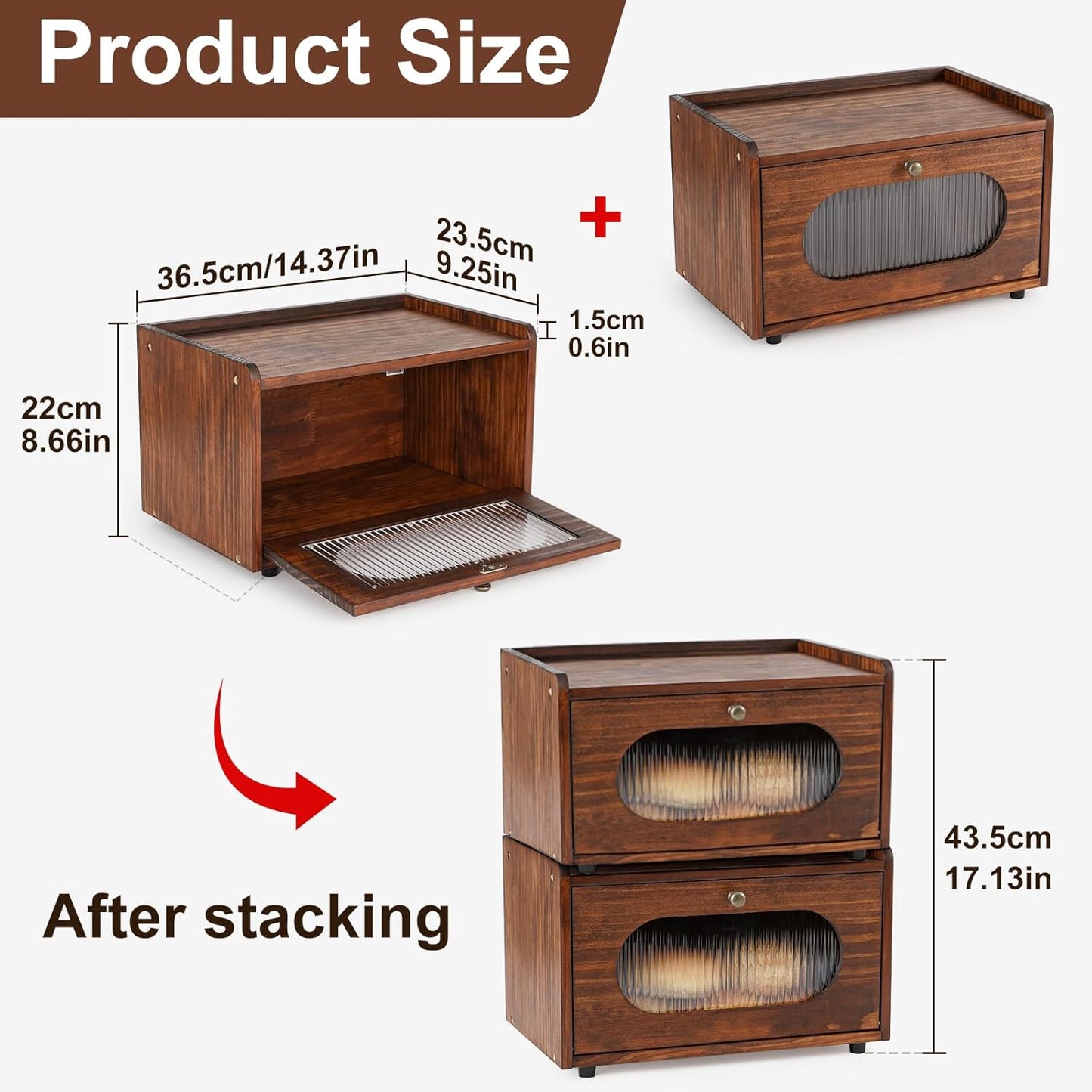 Sunhoo Bread Box for Kitchen Countertop Storage Wooden Breadbox Holder Container Morden Rustic Fresh Bread Keeper Farmhouse Stackable Organizer Bin for Homemade Food Shelf Acrylic Window (Brown)