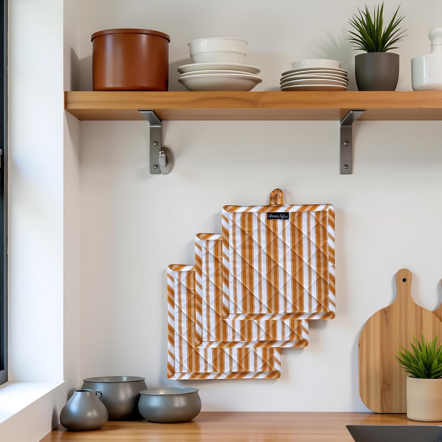 AMOUR INFINI Double Stripe Pot Holders Heat Resistant Cotton Set of 3 Nonslip 8"x8" Inch Hot Pads for Kitchen, BBQ, Baking & Cooking with Hanging Loops (Yellow)