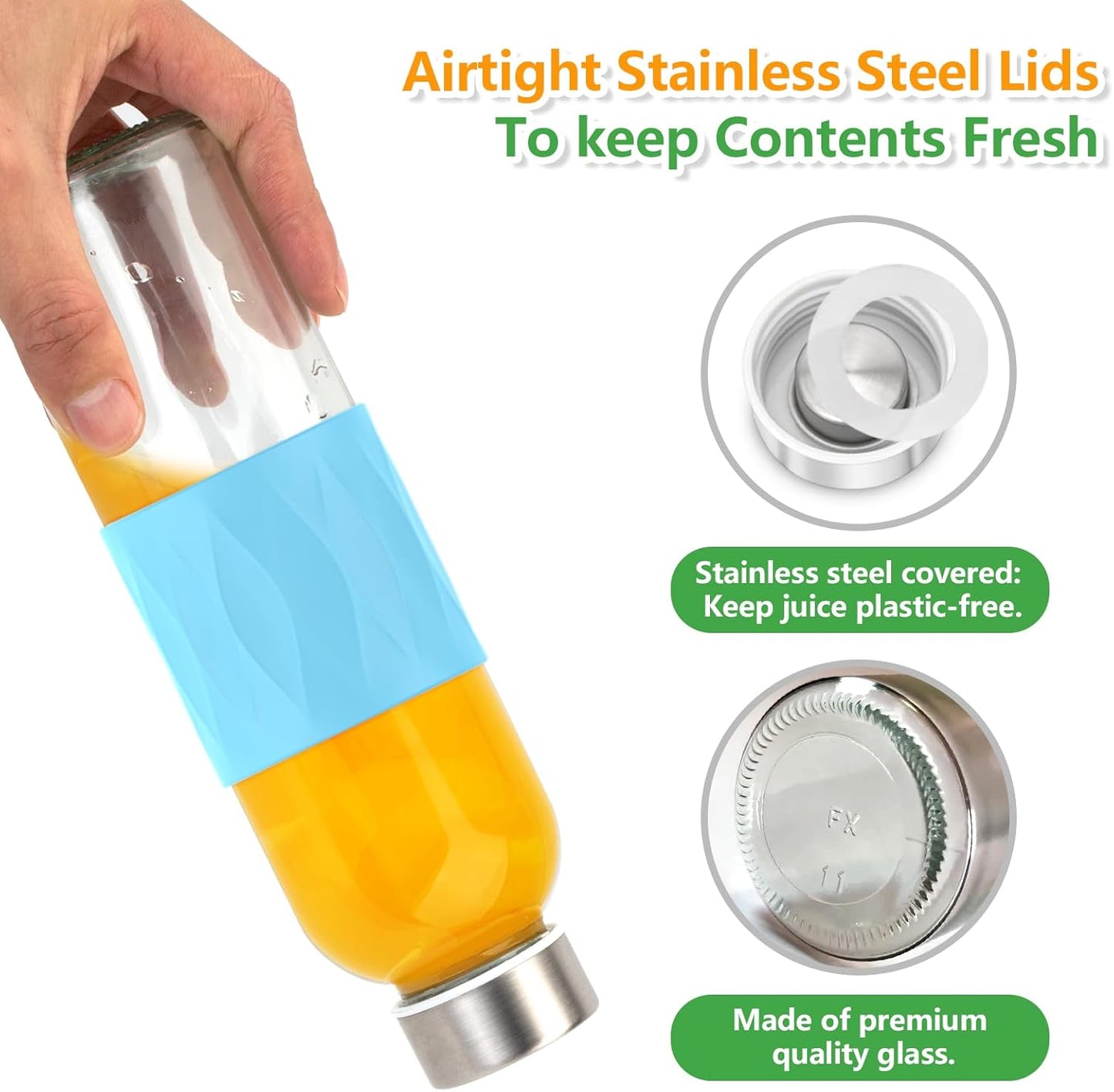 Zukro Glass Water Bottles with Lids 18 oz, Reusable Clear Juice Bottles Stainless Steel Airtight Cap for Juicing, 100% Leak Proof Juice Drinking Jar With Sleeve for Refrigerator, BPA Free, Set of 6