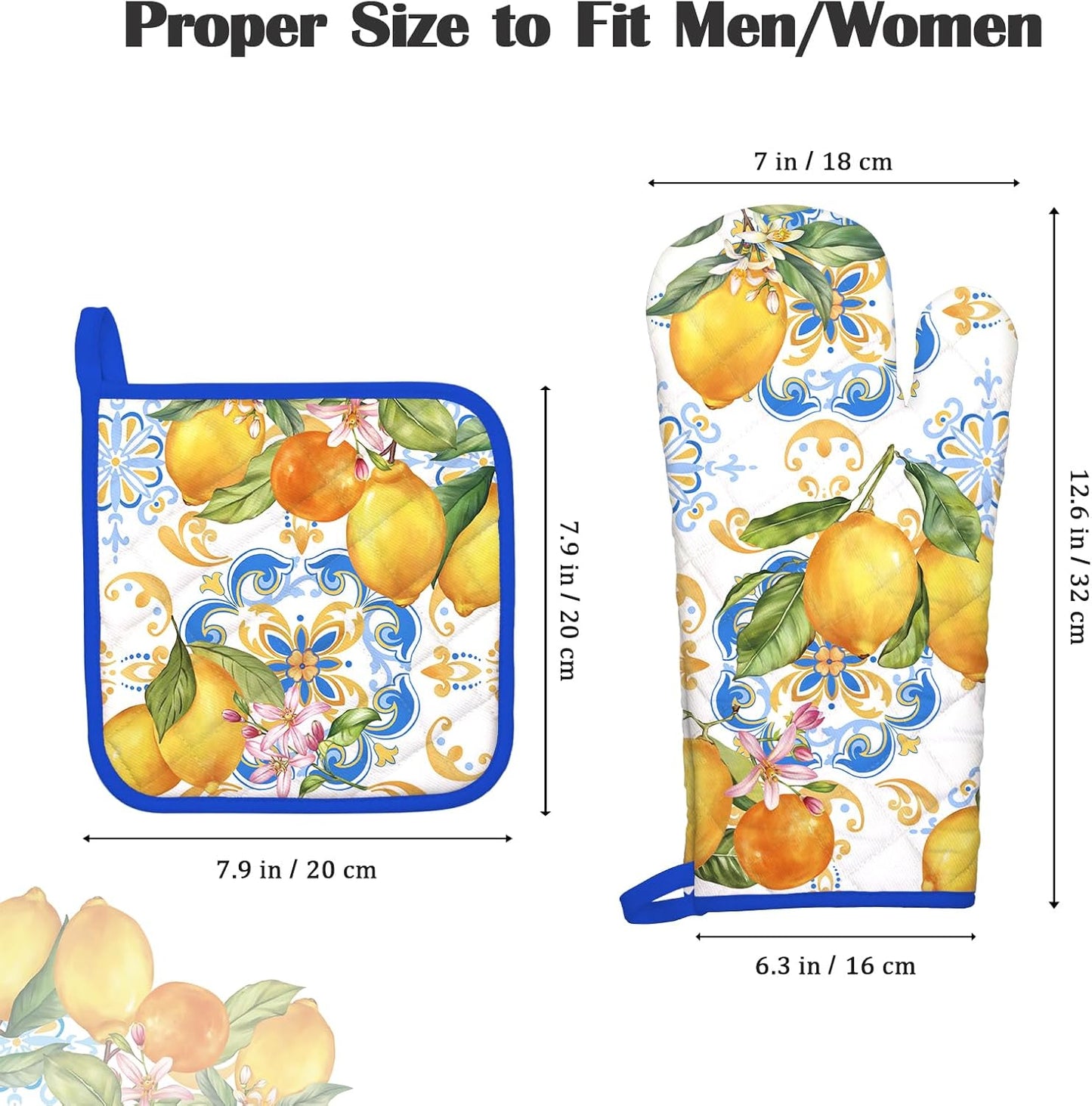 Summer Lemon Oven Mitts and Pot Holders Sets 4Pcs, 100% Cotton Heat Resistant, Extra Long Oven Gloves Potholder for Kitchen Cooking Baking Decoration