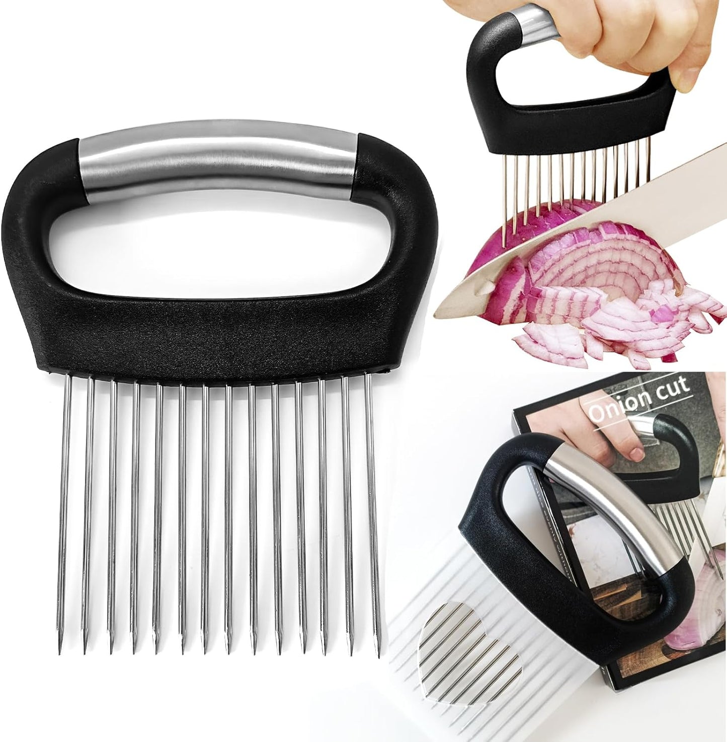 Onion Slicer with Protective Cover - Stainless Steel Cutter for Slicing Tomatoes, Potatoes, Avocados - Multiuse Vegetable Chopper and Meat Tenderizer