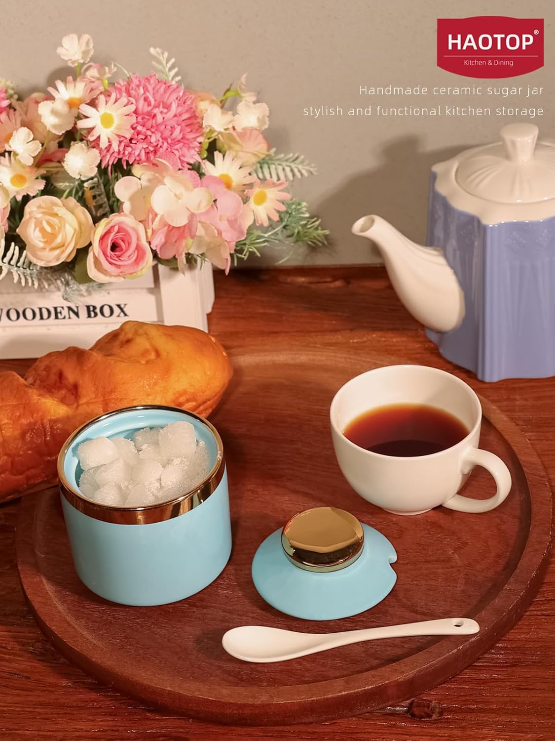 HAOTOP 8 oz Sugar Bowl with Lid and Spoon, Simple Ceramic Sugar Jar Sugar Dispenser Sugar Container Coffee Bar Accessories, Modern Kitchen Countertop Canisters, Turquoise