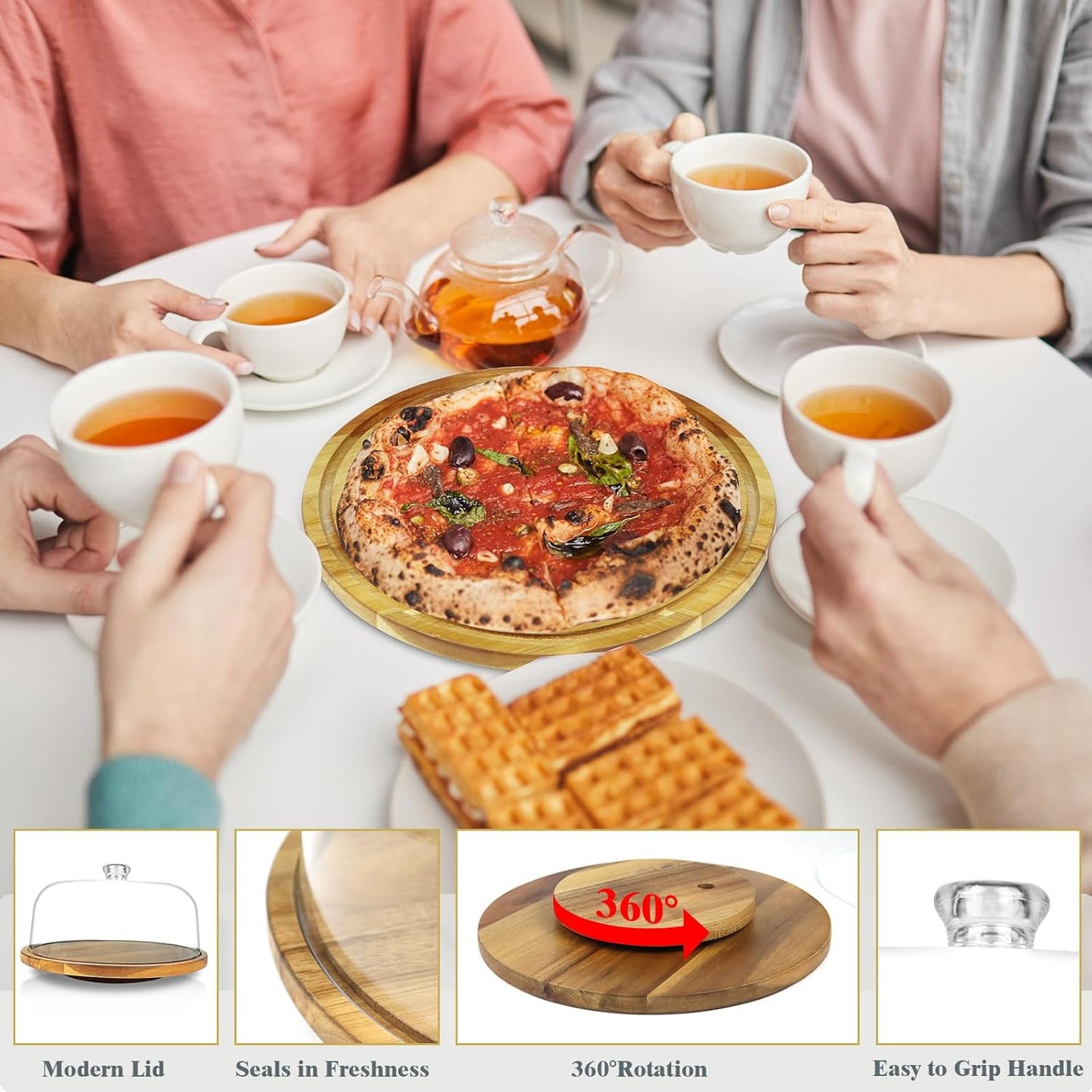 cutesun Wood Cake Stand with Lid, 12in Acacia Wood Cake Plate with Cover, Wooden Cake Display Stand with Acrylic Dome, Cake Holder Tray for Wedding Gift，Kitchen,Birthday,Parties,Baking Gifts