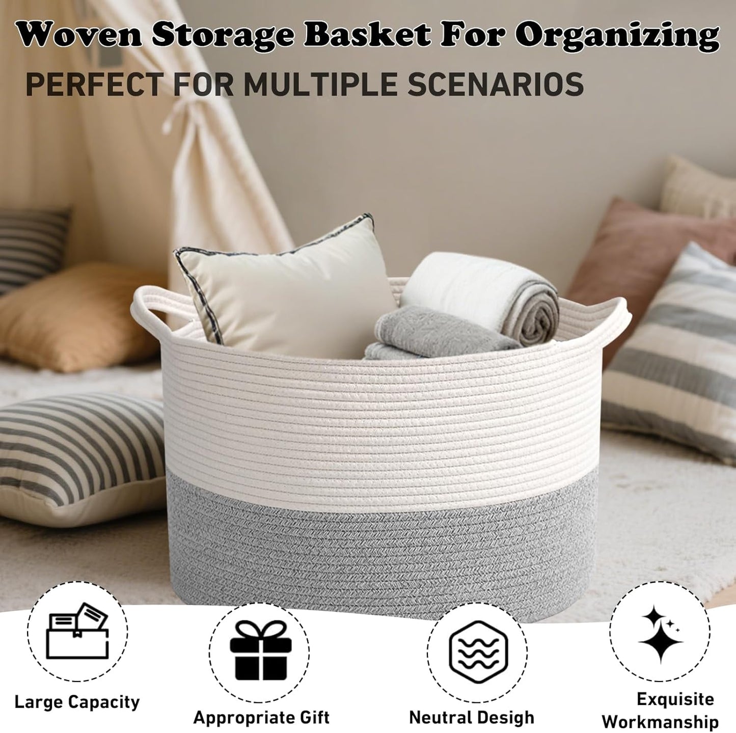 Large Blanket Basket for Organizing,115L Closet Organizers and Storage Bins Box for Shelves Woven Rope Storage Baskets,Living Room,Bedroom,Dorm,Laundry room (White&Grey)