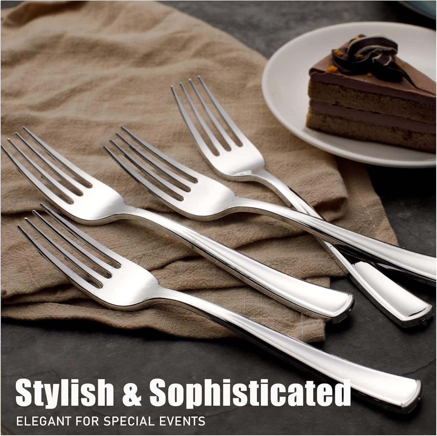 WDF 100 Piece Silver Plastic Forks - 7.4inch Silver Forks Disposable - Plastic Silverware for Dessert Cake - Heavy Duty Plastic Cutlery for Party or Daily Using