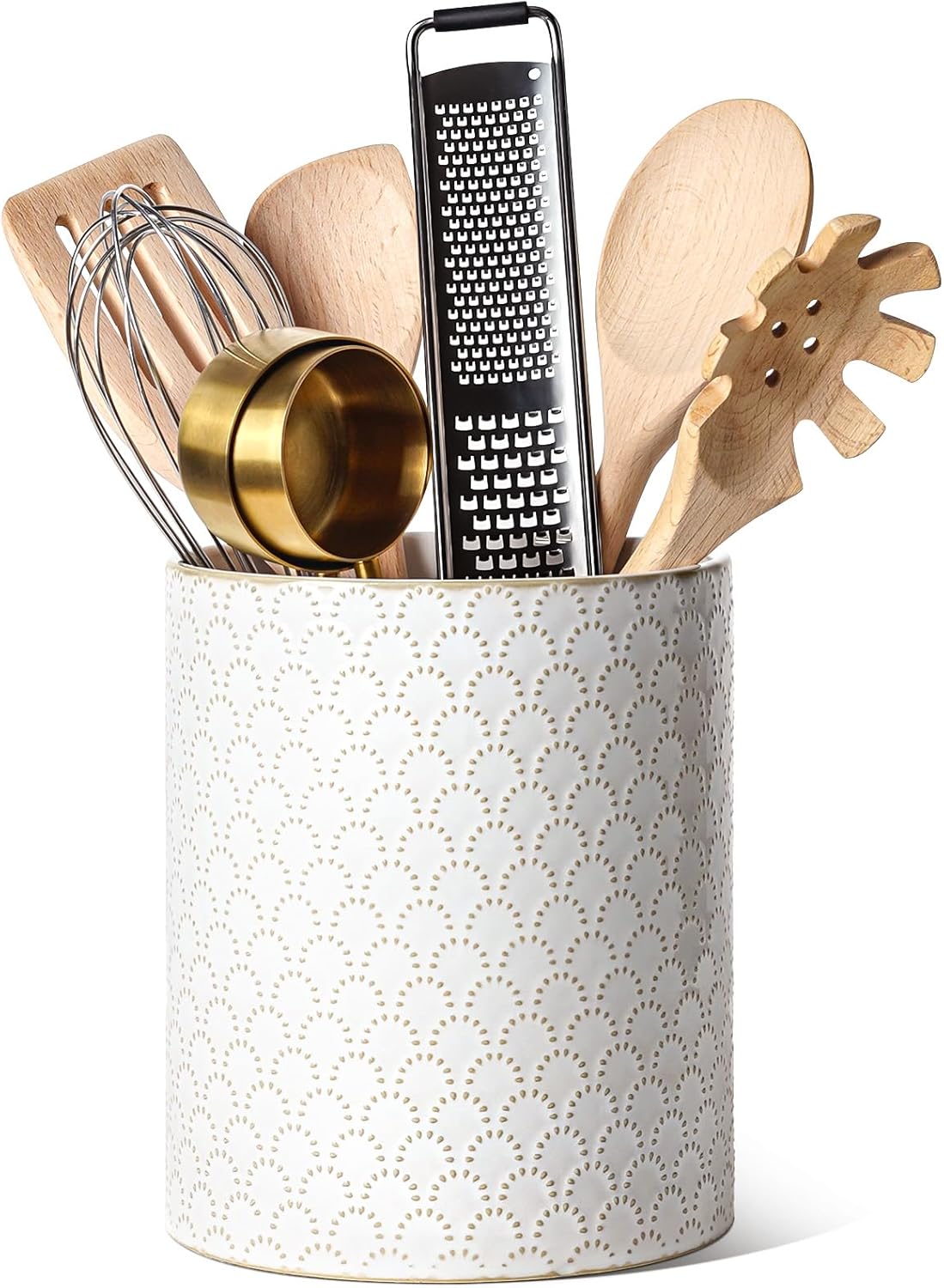 LE TAUCI Utensil Holder, 7.1" Ceramic Kitchen Utensil Holder for Counter top, Embossed Cooking Utensil Organizer for Spatula & Spoon, Kitchen Decor, Set of 1, Arctic White,Fireworks