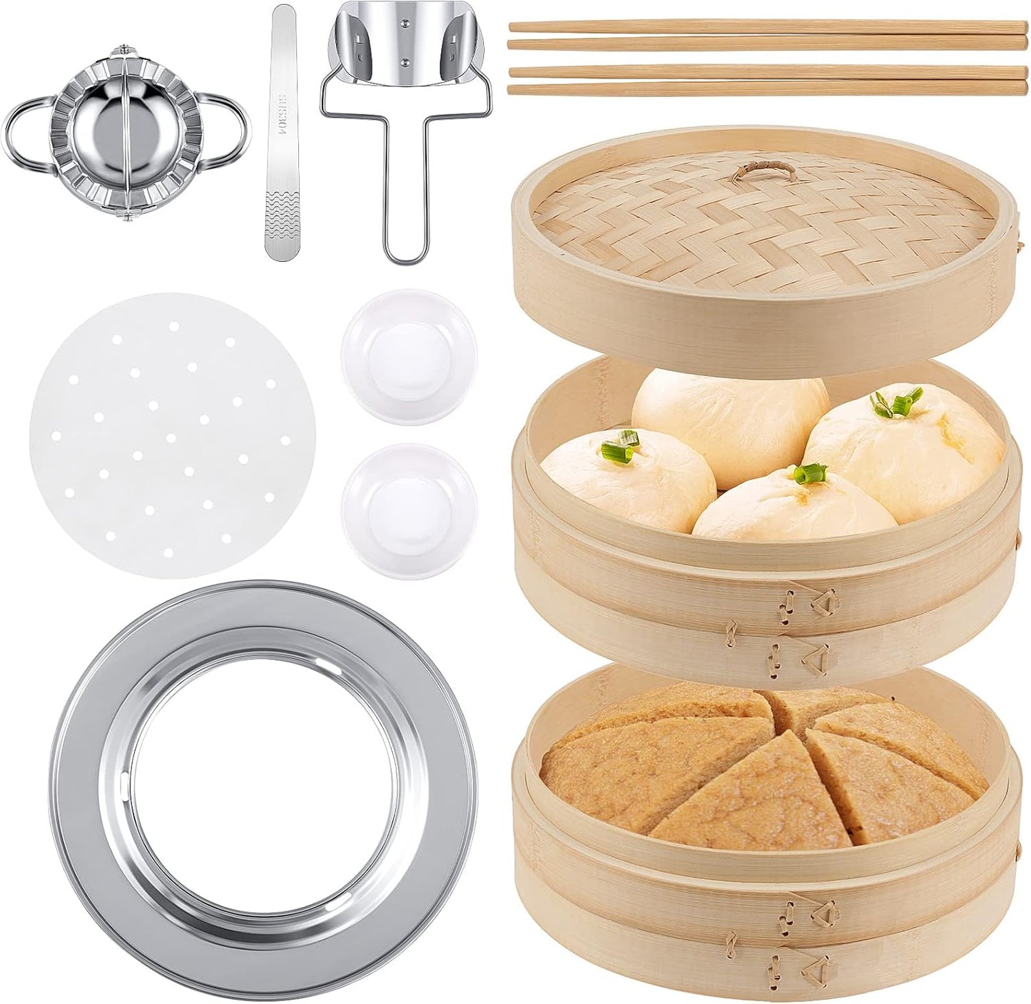 Tessco for you 59 Pcs 2 Tier 10 Inch Bamboo Steamer Basket Set Including Bamboo Steamer Stainless Steel Ring Dumpling Maker Mold and Cutter Spoon 2 Pair Chopsticks 2 Sauce Dish 50 Paper Liners