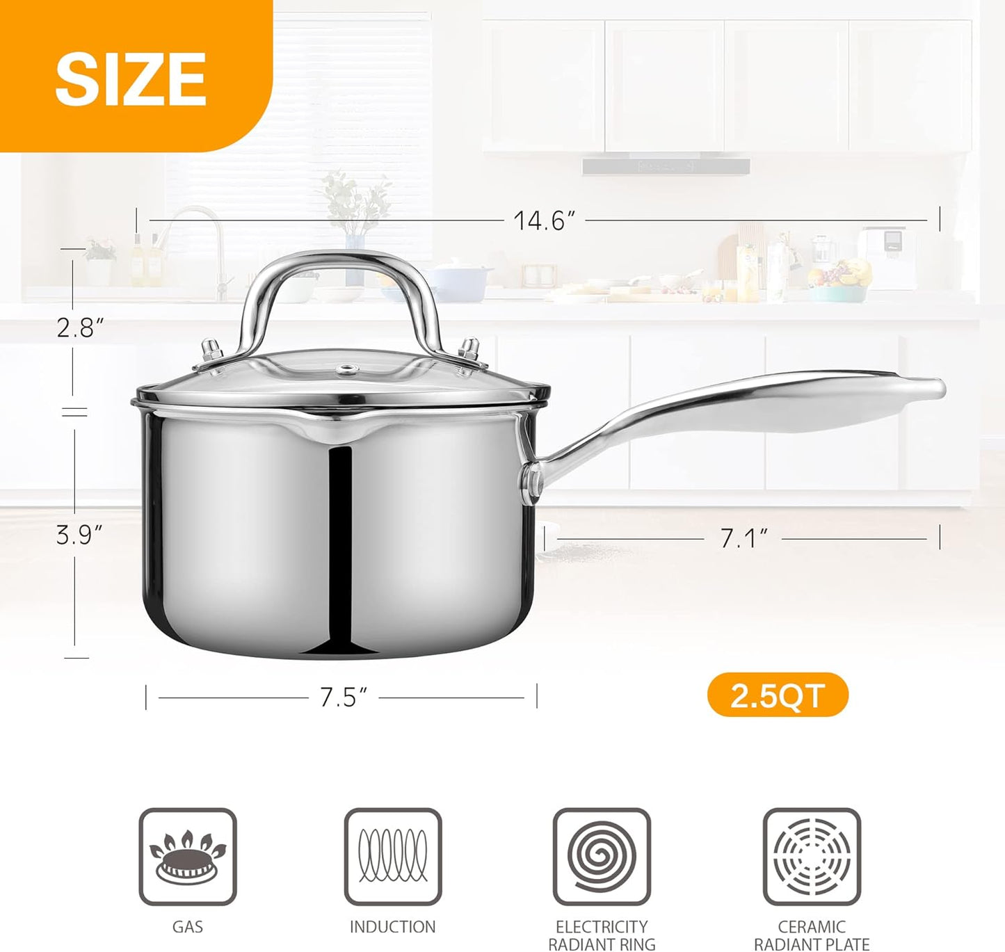 Stainless Steel Saucepan with Tempered Glass Lid, 2.5 Quart Multipurpose Cooking Pot, Sauce Pot for Easy Pour with Ergonomic Handle
