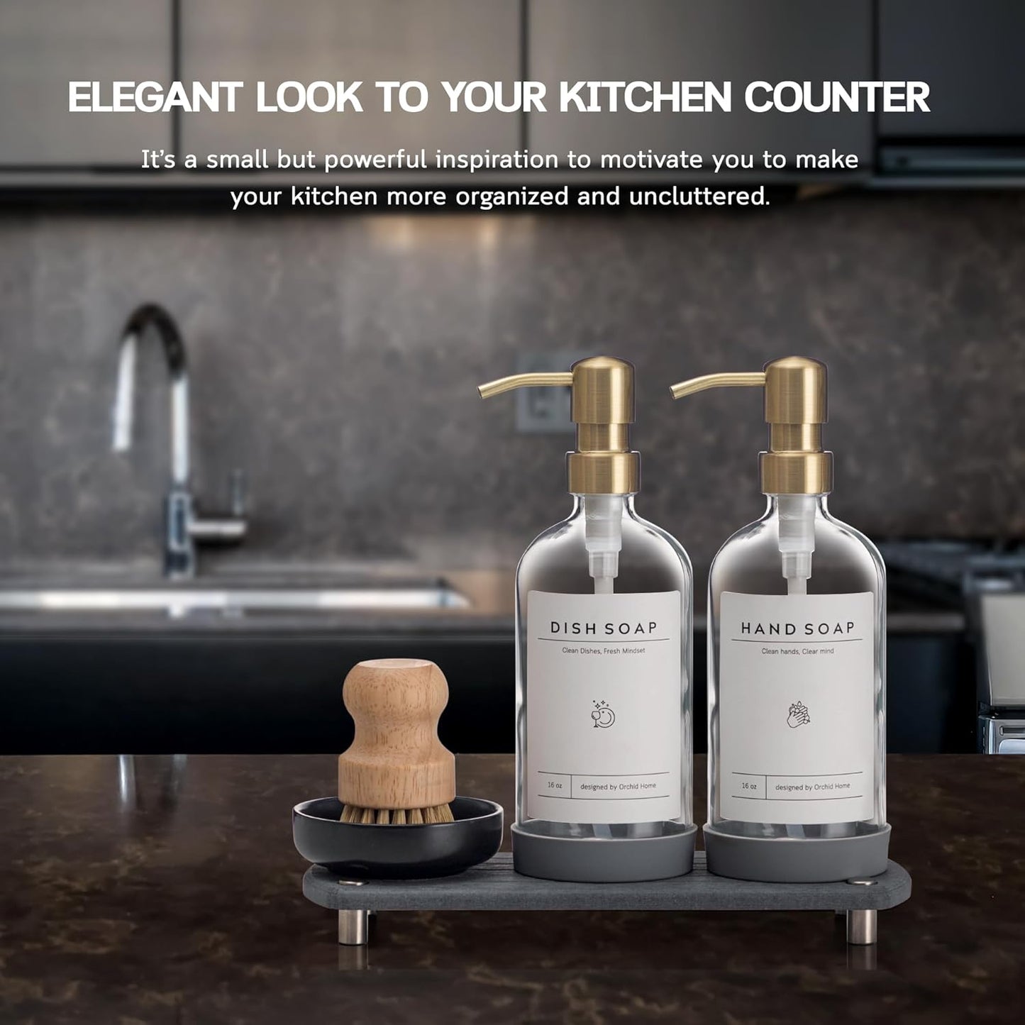 [Luxury] Kitchen Soap Dispenser Set - 16OZ Clear Glass Bottle, Stainless Steel Pump, Instant Dry Tray, Waterproof Labels, Non-Slip Silicone Pad, and Dish Brush | Upgrade for Your Kitchen and Bathroom