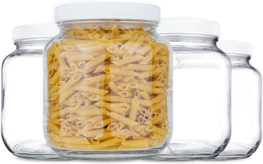 kitchentoolz Half Gallon Mason Jar 64oz – 4 Pack Wide Mouth Glass Jars with Foam-Lined Plastic Lid – Airtight Storage for Kombucha, Pickling, Canning – Big Mason Jars