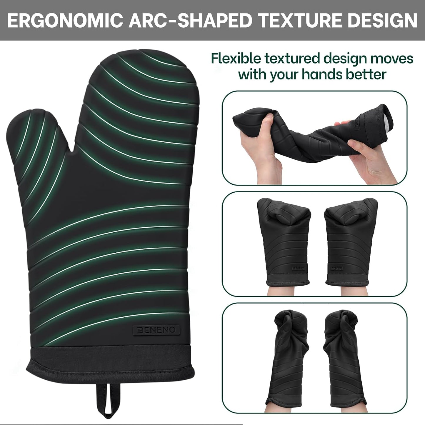 Beneno BPA-Free Silicone Oven Mitts, Heat Resistant Waterproof Oven Mitts with Non-Slip Textured Grip, Comfortable Quilted Lining, Kitchen Pot Holders for Cooking, Baking, Grilling, 7"x13", 2Pcs Black