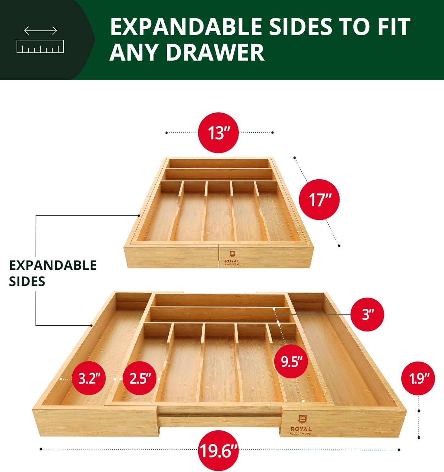 ROYAL CRAFT WOOD Luxury Bamboo Kitchen Drawer Organizer - Silverware Organizer, Utensil Holder & Cutlery Tray Drawer Dividers for Flatware (9 Slot, Natural)