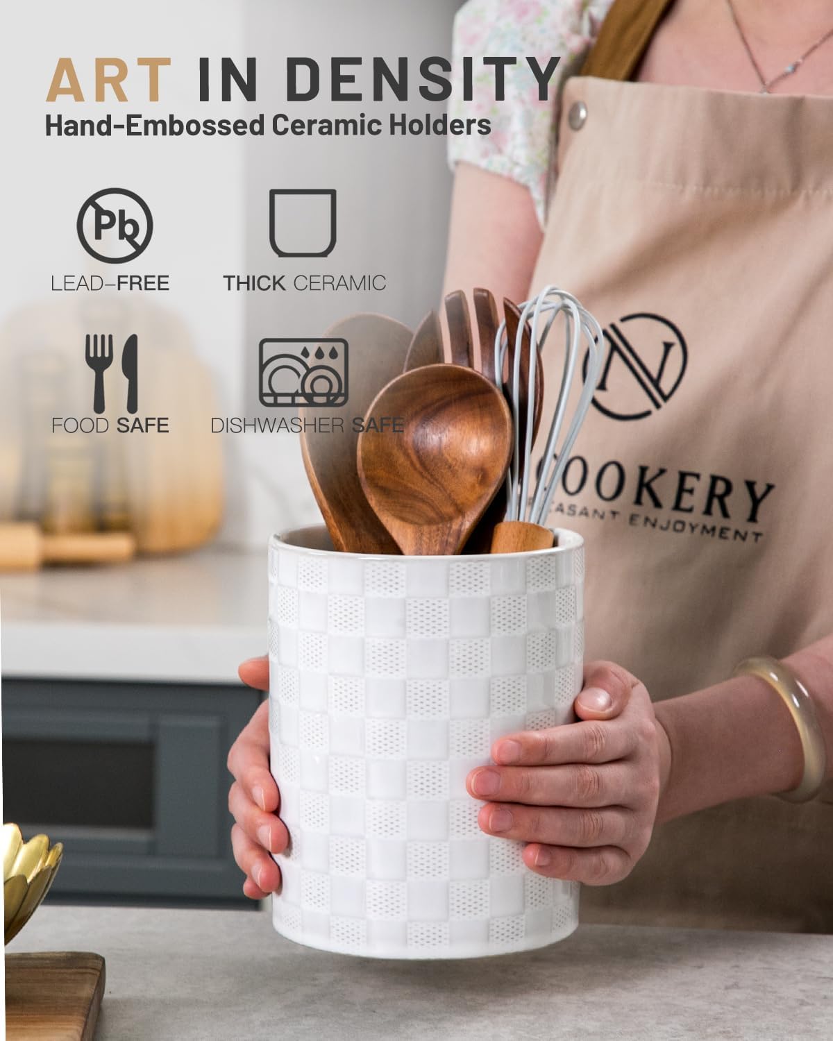 Nucookery 6.4'' Utensil Holder - Ceramic Utensil Holder for Kitchen Counter, Large Capacity Countertop Storage, Farmhouse Style Utensil Crock Organizer for Spoons, Spatulas & Cooking Tools