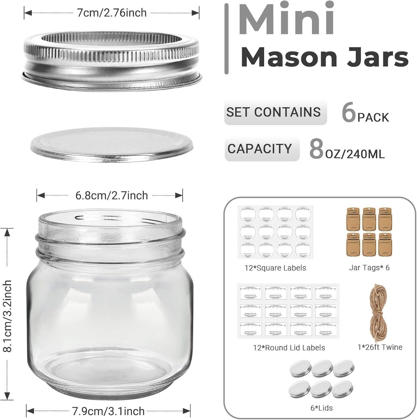 Eathtek Small Mason Jars 8oz/240ml with Regular Lids, 6 Pack Glass Canning Jars With Labels, Mini Glass Jars for Jam Jelly Spice Honey Herbs, Wedding Shower Favors Food Storage Candle Jars